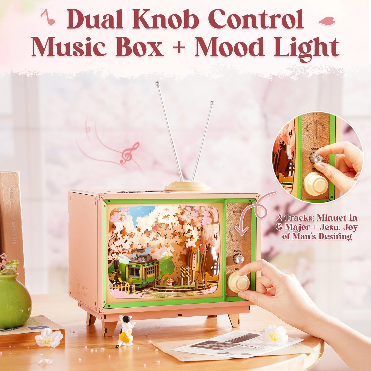 Rolife Sakura Dreamy Tour DIY Music Box Wooden 3D Puzzle Toys with LED for Home Decor Tiny House Model Kit for Adult to Build