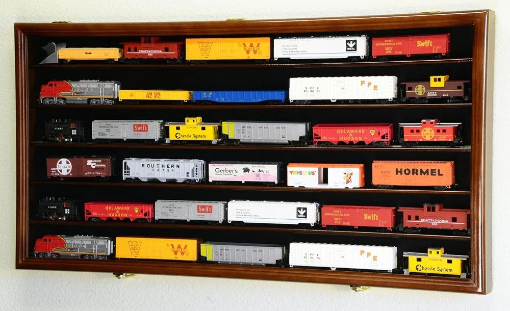 HO Scale Model Train Display Case with UV Protection, Lockable Cabinet Wall Rack - Cherry Finish