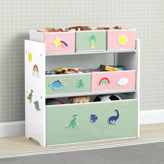 Design & Store 6 Bin Toy Storage Organizer with Interchangeable Patches, Green/Pink