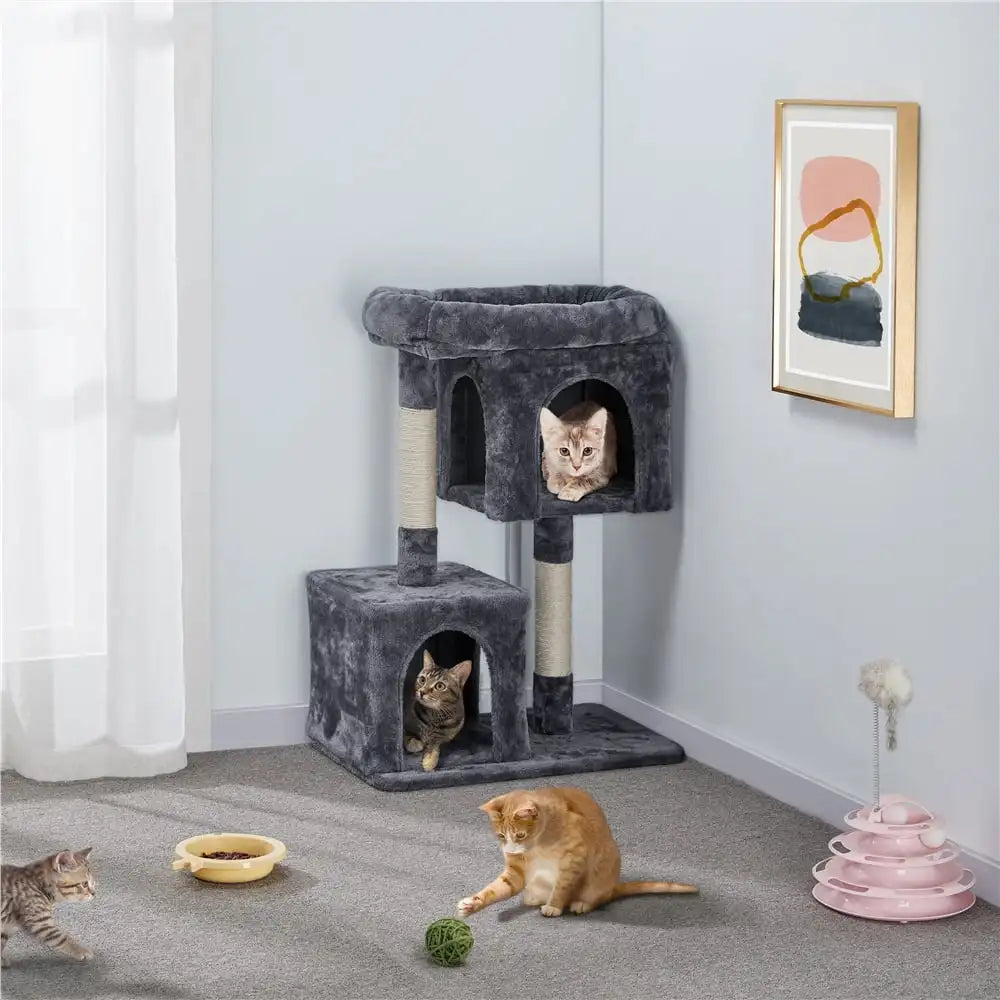 33.5 inch tall plush cat tree with wide platform and cozy condo for indoor felines in dark gray