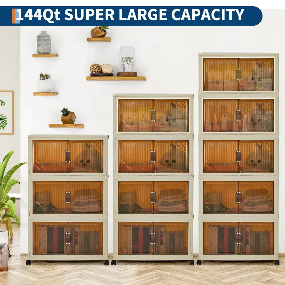 3/4/5-Tier Foldable Storage Cabinet with Lids & Wheels, Stackable Plastic Organizer for Closet, Bedroom, Office & Kitchen