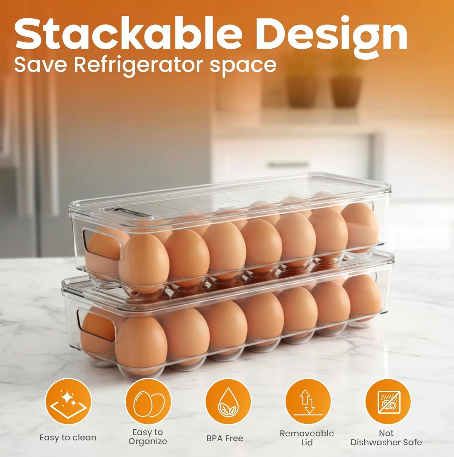 Egg Container With Lid and Handle for Refrigerator Organization- Pack of 2 - Clear Stackable Egg Holder for Kitchen or Pantry Or