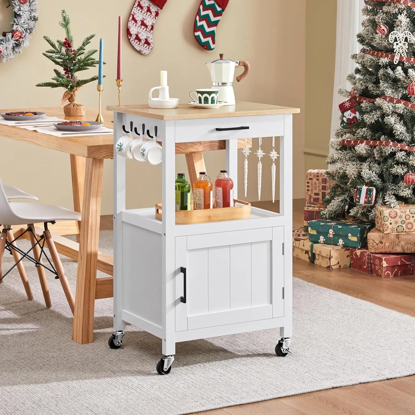 Rolling Kitchen Island Cart with Storage, 6 Hooks, Wood Top, White