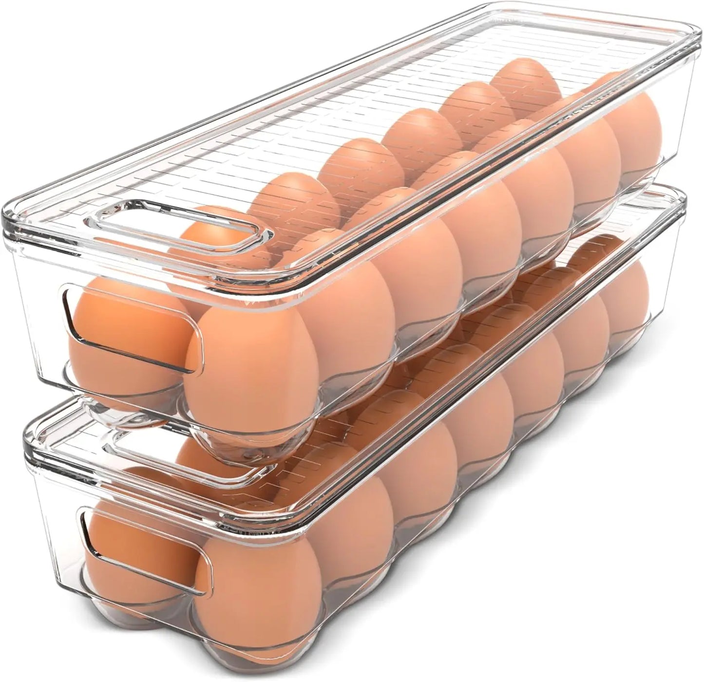Egg Container With Lid and Handle for Refrigerator Organization- Pack of 2 - Clear Stackable Egg Holder for Kitchen or Pantry Or