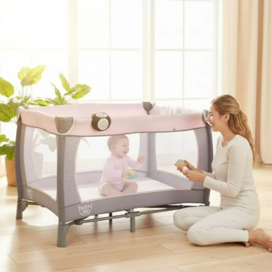 5 in 1 Pack and Play Portable Baby Playard with Bassinet Diaper Changing Table Infant Pink Bassinet Crib with Toys Music Ox Ba
