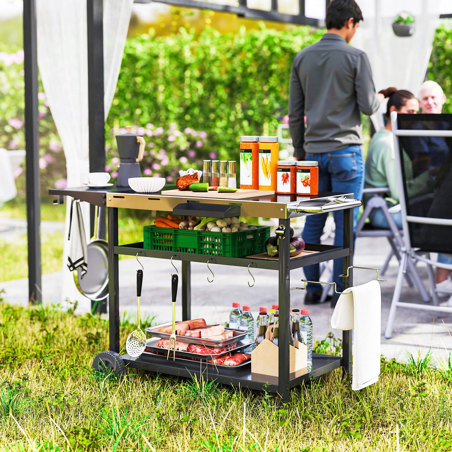 Outdoor Bar Cart Grill Table With Wheels And Prep Storage