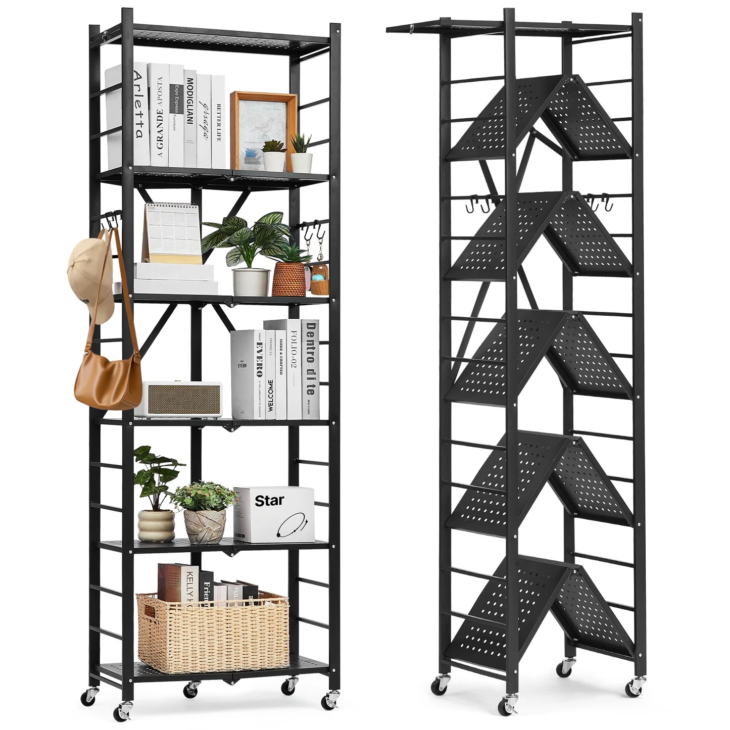 SucceBuy Foldable Metal Storage Shelving Unit With Five Wheels