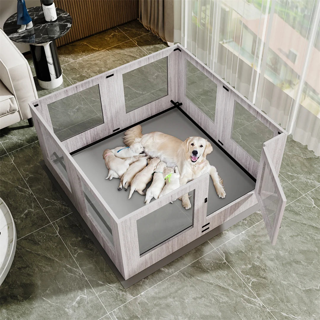 14-Panel Tempered Glass Pet Whelping Pen Box,Puppy Playpen Exercise Pen with Detachable Panels and Rails