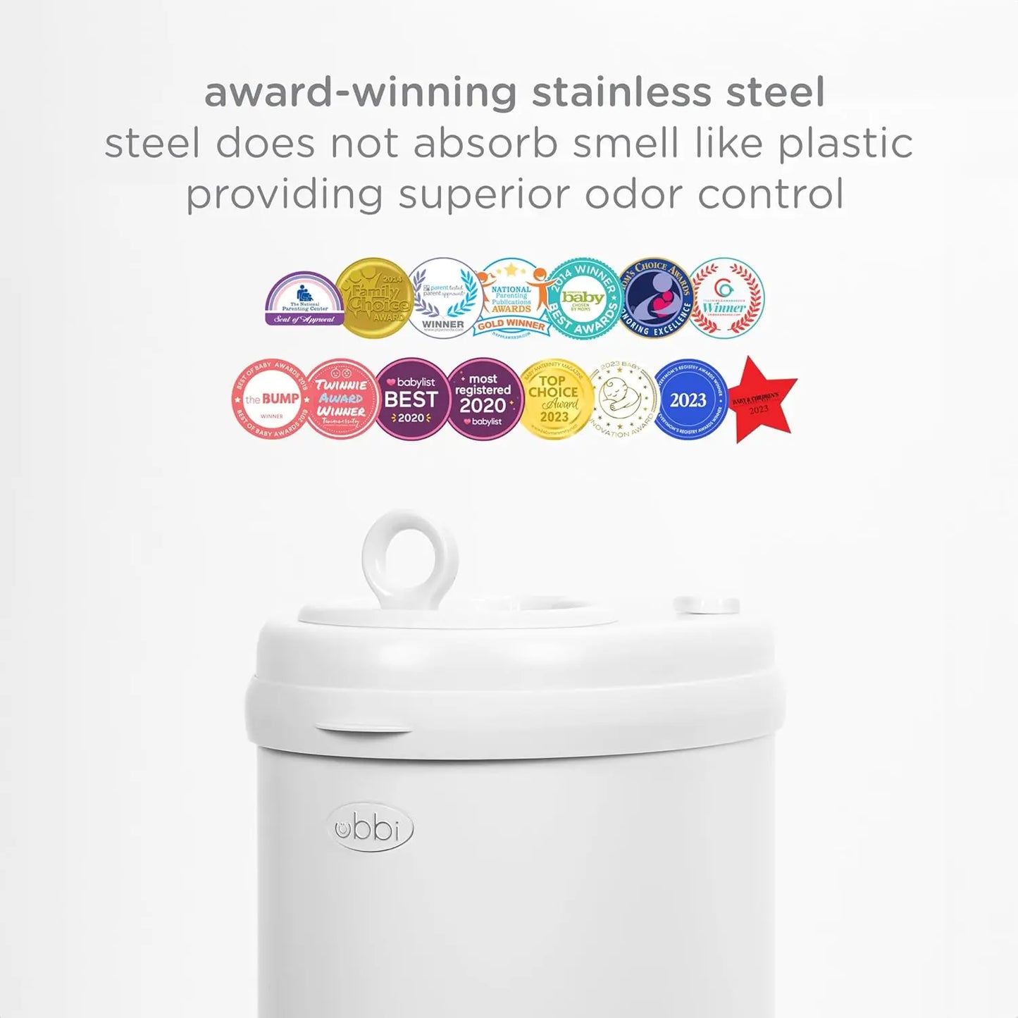 Steel Diaper Pail with Odor Lock, No Special Bags Needed, Award-Winning Nursery Essential in White