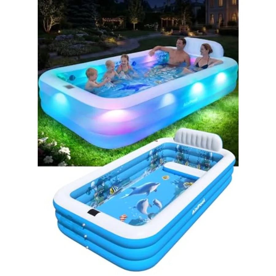 Backyard Inflatable Pool With Solar Powered Lights And Seat