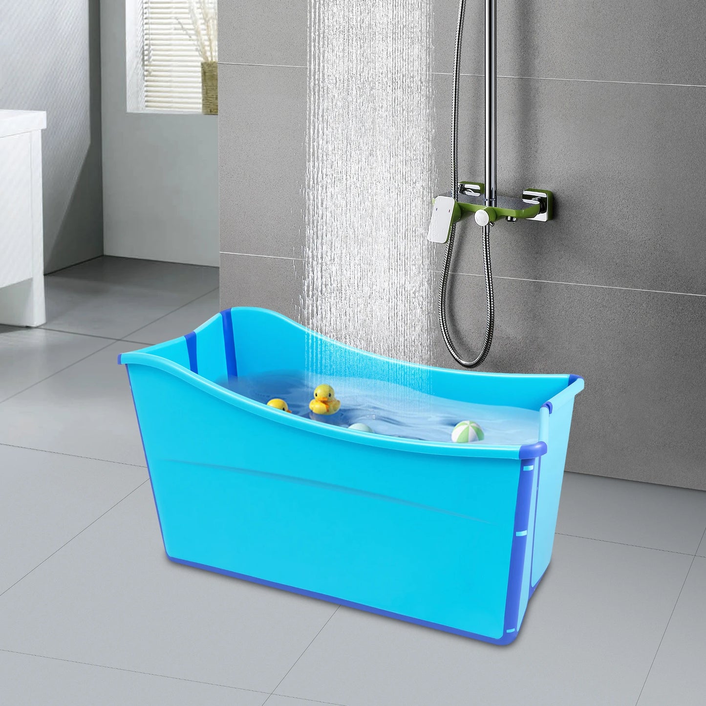 Folding PP TPE Bathtub Blue Floor Standing Rectangular Adult Bath Tub Thickened Side for Kids and Adults Below 5.3ft Tall