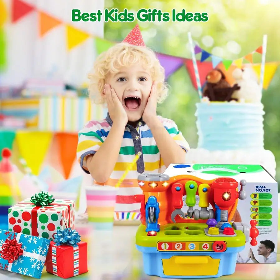 Toys for 1 Year Old Boy, Musical Toddler Tool Bench, Montessori Educational Toys with Sound Lights Effect, Shape Sorter, One Yea