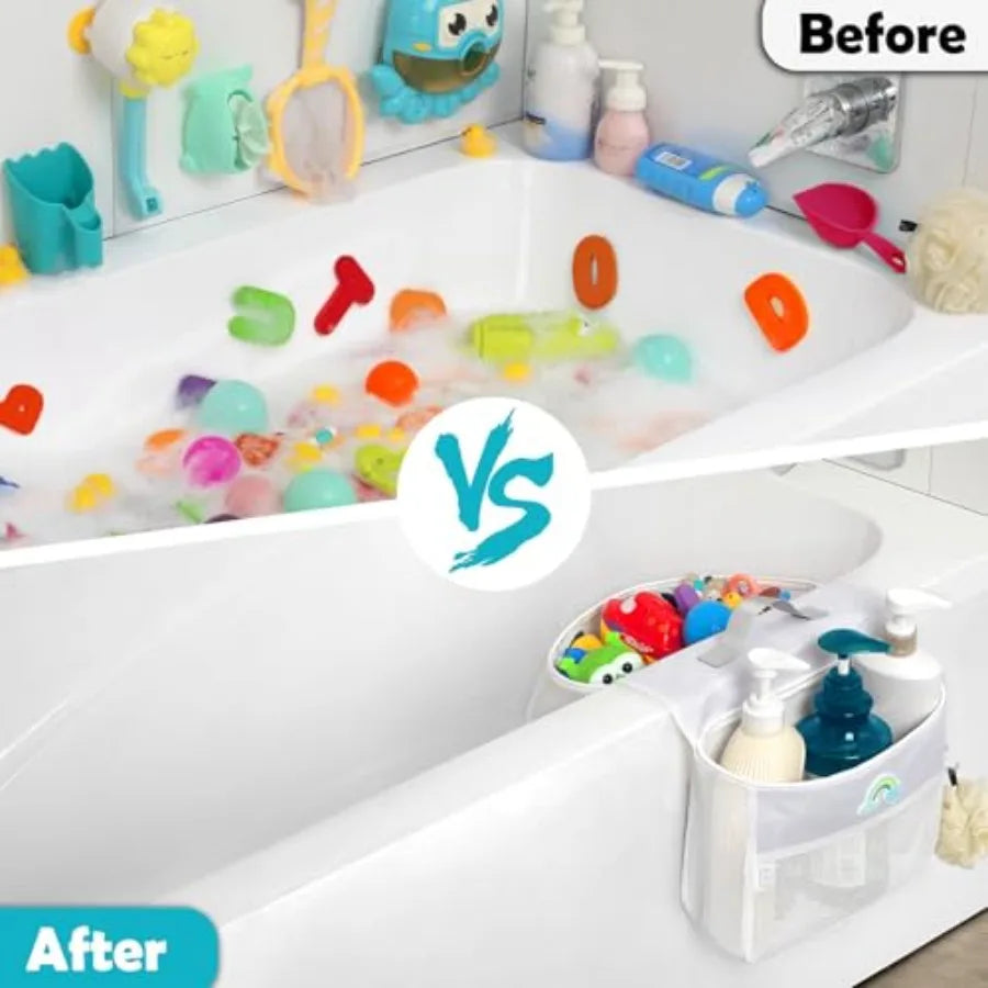 Saddle shape 2 Compartments Bath Toy Organizer, Easy Access for,Wide Opening Bath Toy Holder for Drying Toys and Storage, Mesh