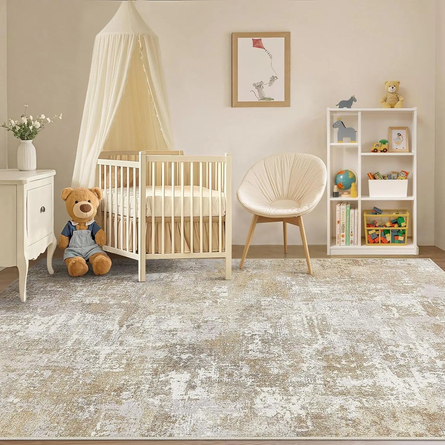 Modern Abstract Neutral Washable Area Rug: Soft Non-Slip Indoor Carpet for Living Room, Bedroom, Dining Room