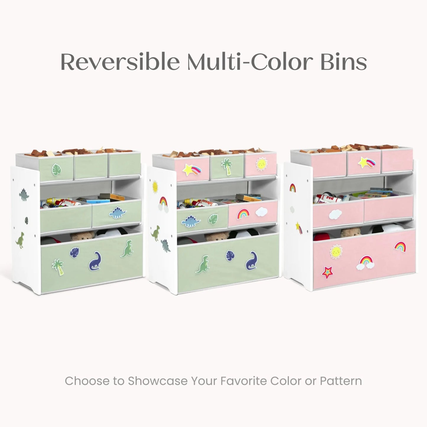 Design & Store 6 Bin Toy Storage Organizer with Interchangeable Patches, Green/Pink