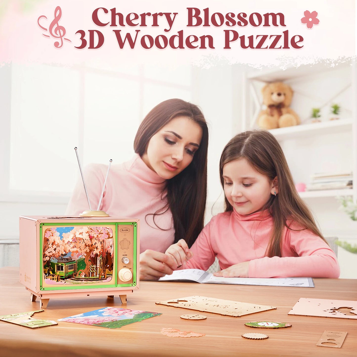 Rolife Sakura Dreamy Tour DIY Music Box Wooden 3D Puzzle Toys with LED for Home Decor Tiny House Model Kit for Adult to Build