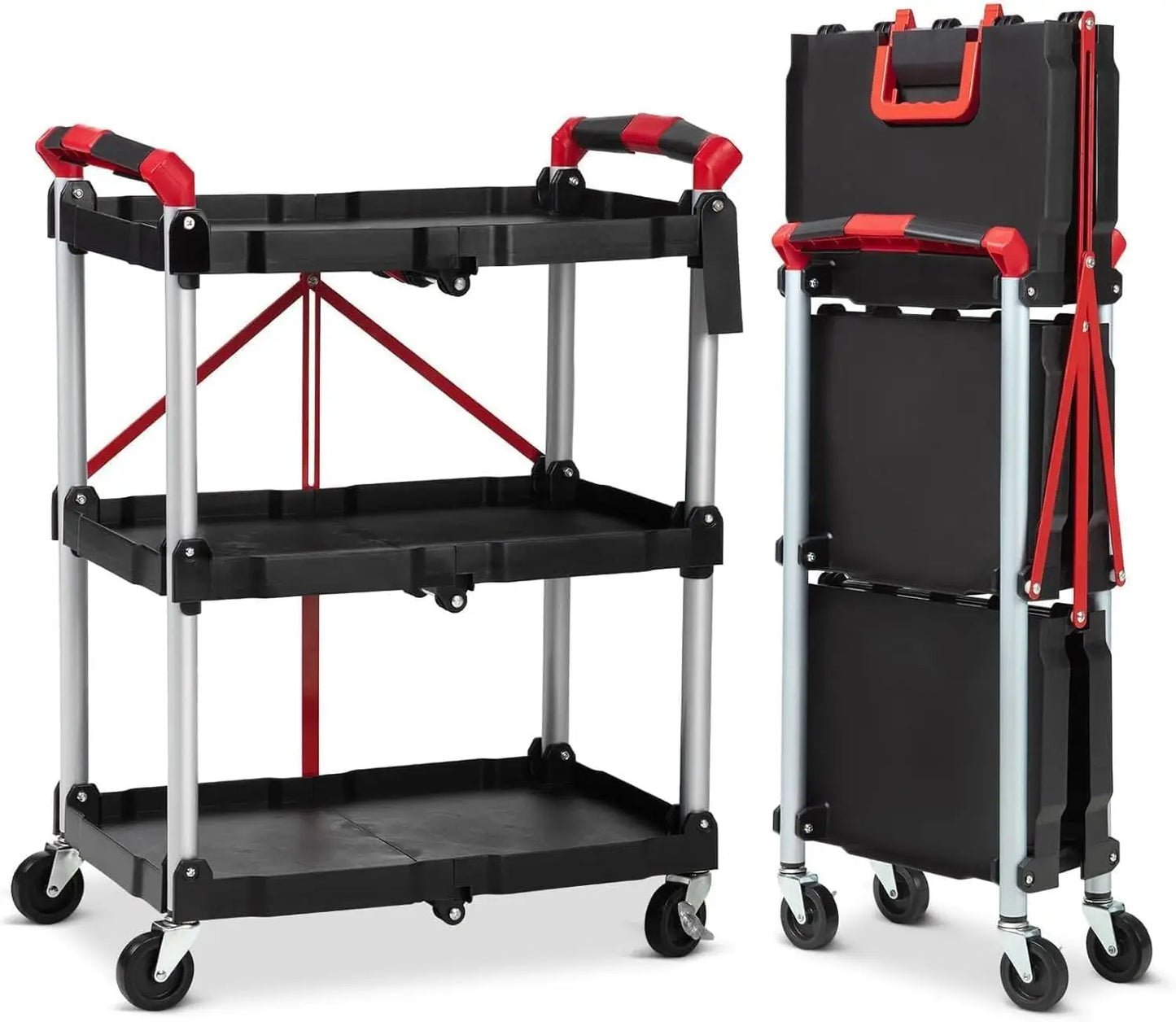 Twister.Ck 3 Tier Foldable Utility Rolling Cart With Lockable Wheels