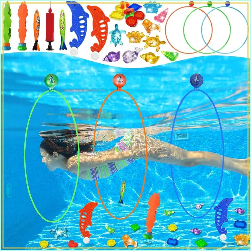 28PCS Pool Diving Toys Set - Swim Thru Rings, Sink Toys, Underwater Games for Kids Teens Adults - Fun Swimming Pool Accessories