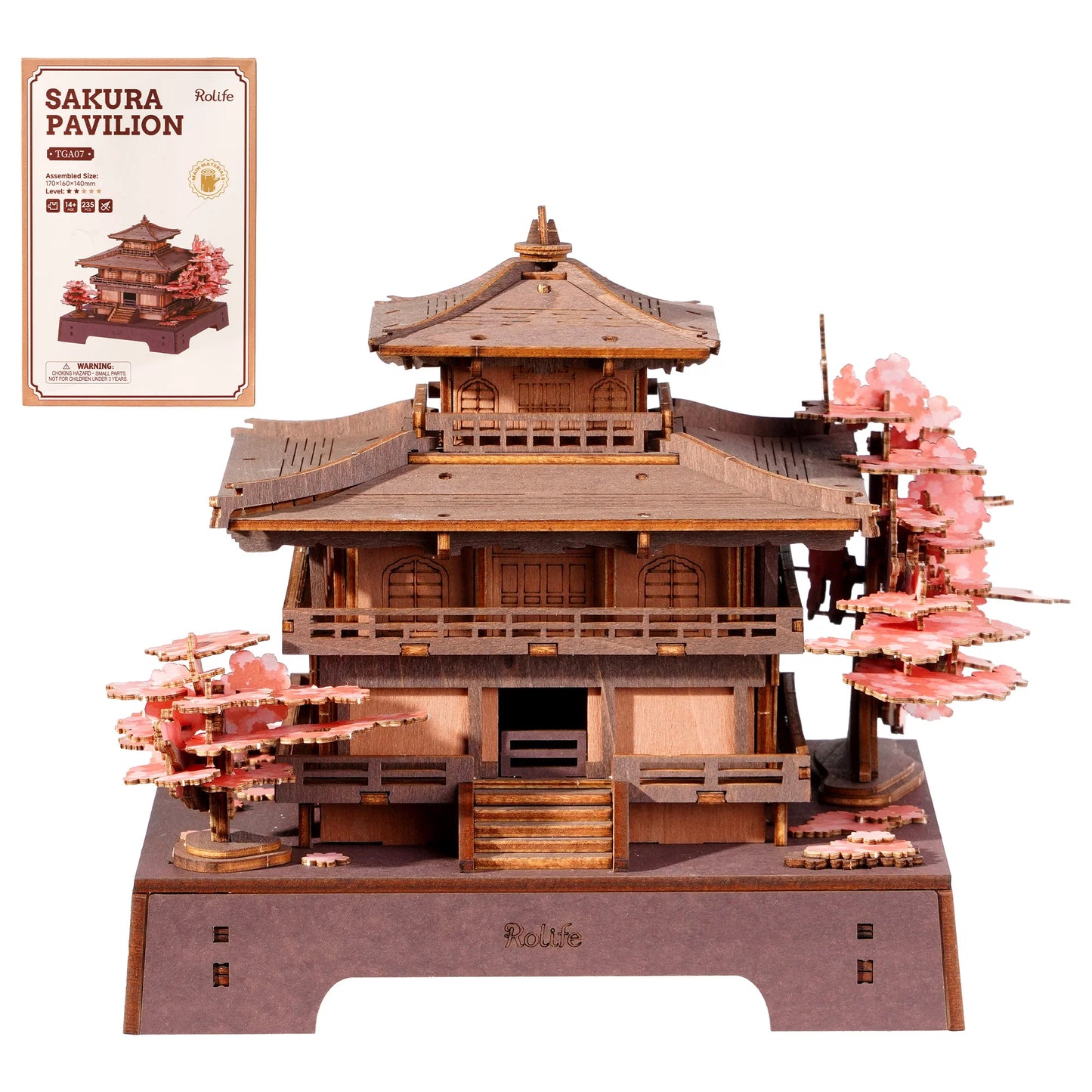 ROKR Sakura Pavilion 3D Wooden Puzzle – Japanese Architecture Model with Cherry Blossom Theme, 235-Piece DIY Craft Kit for Adults & Teens