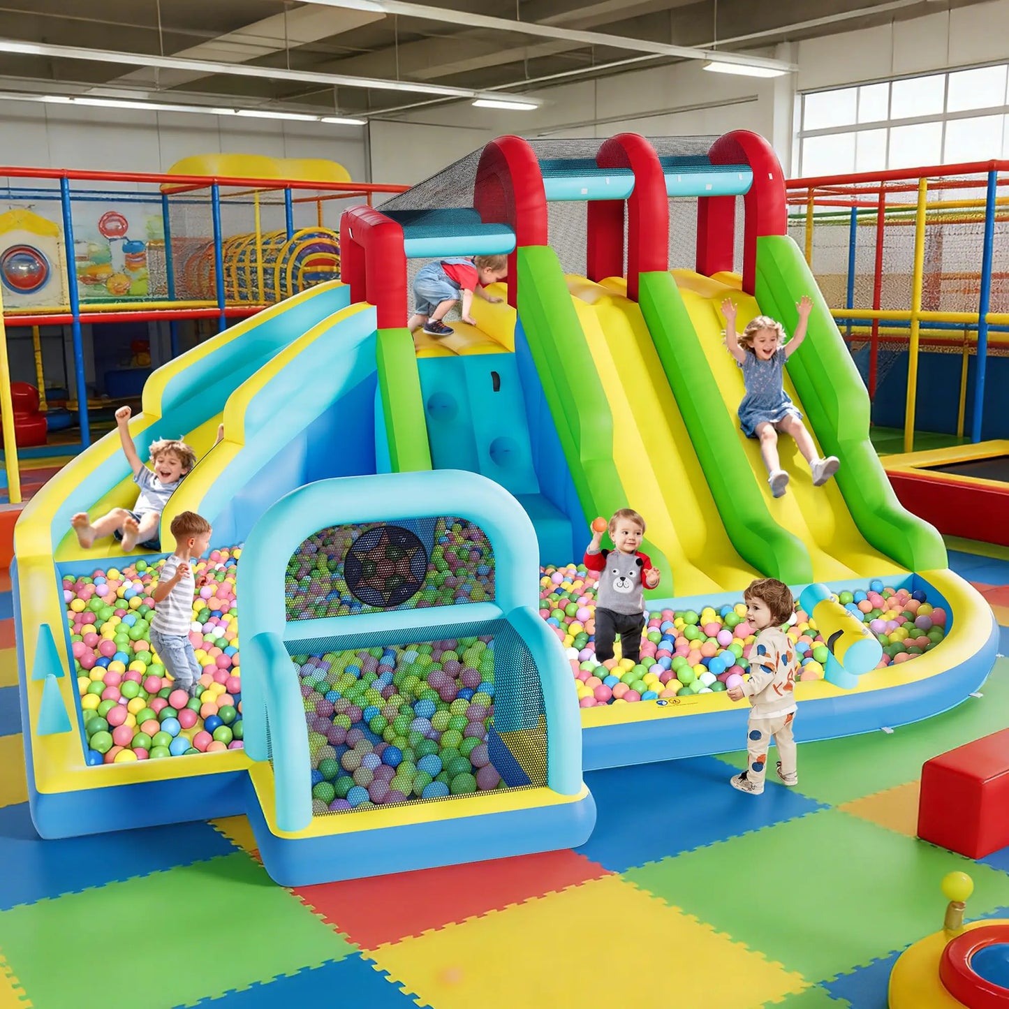 Inflatable Bounce House With 3 Slides, Water Slide Bouncy Castle With Splash Pool & Blower For Kids Indoor Outdoor Play Center Set