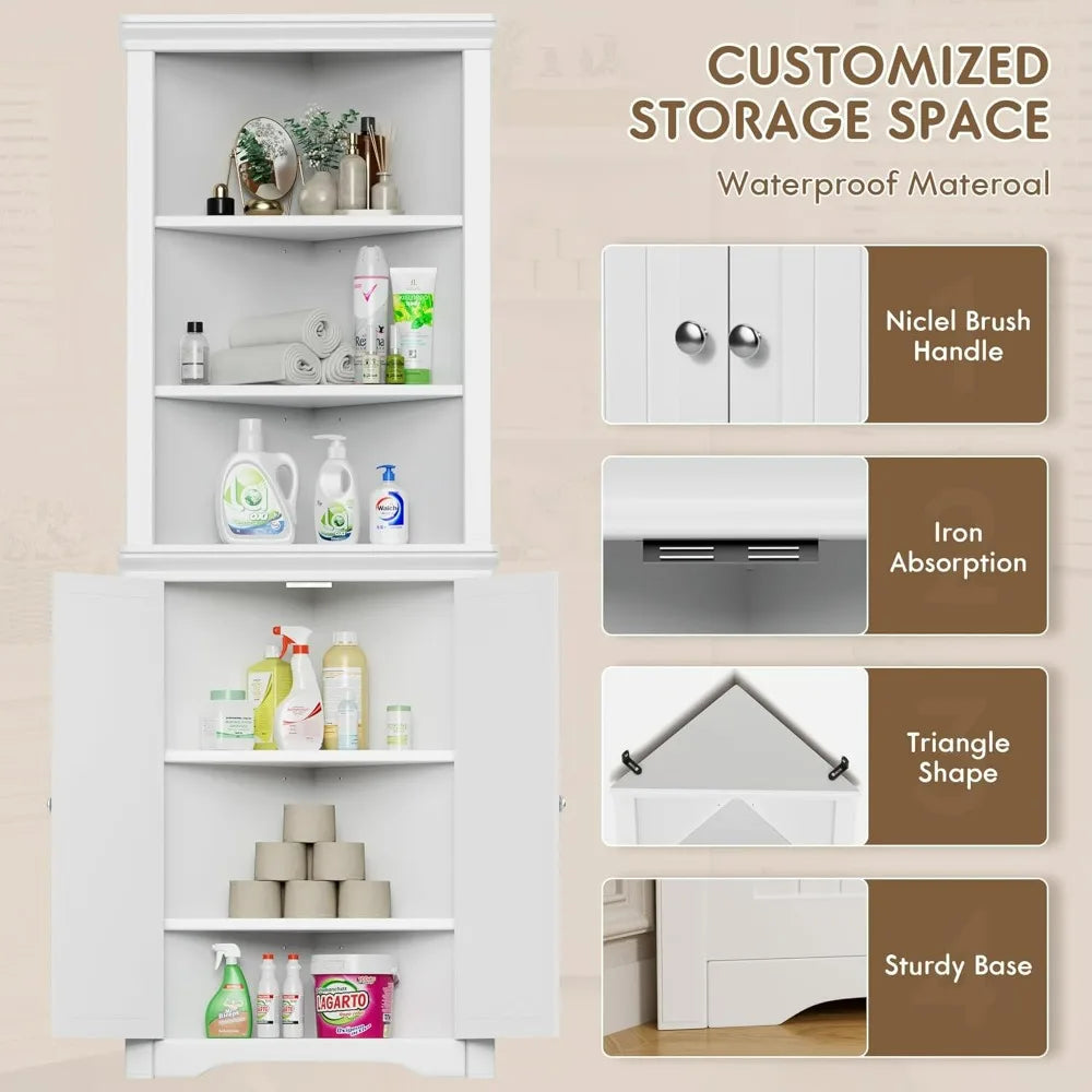 Flamaker Corner Cabinet, Freestanding Corner Shelf with 2 Doors and 3 Shelves, Bathroom Corner Storage Cabinet for Bathroom