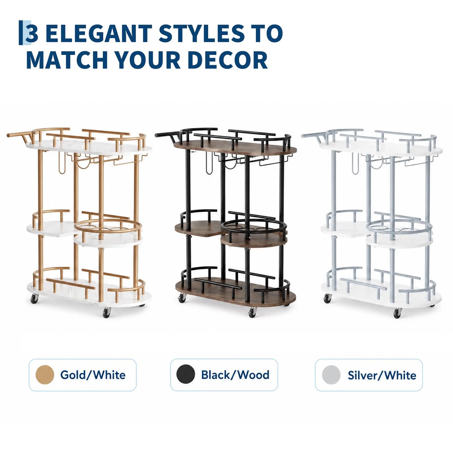HiMISS Three Tier Metal Rolling Cart With Wine Rack