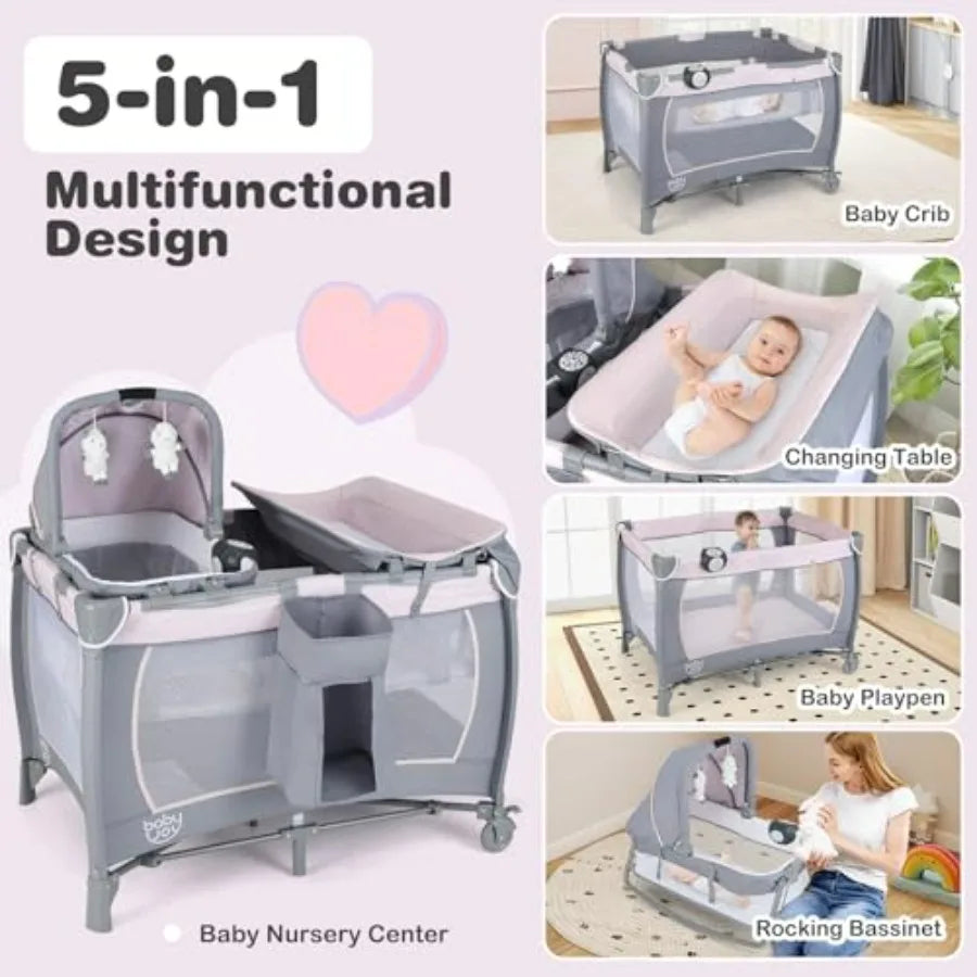 5 in 1 Pack and Play Portable Baby Playard with Bassinet Diaper Changing Table Infant Pink Bassinet Crib with Toys Music Ox Ba