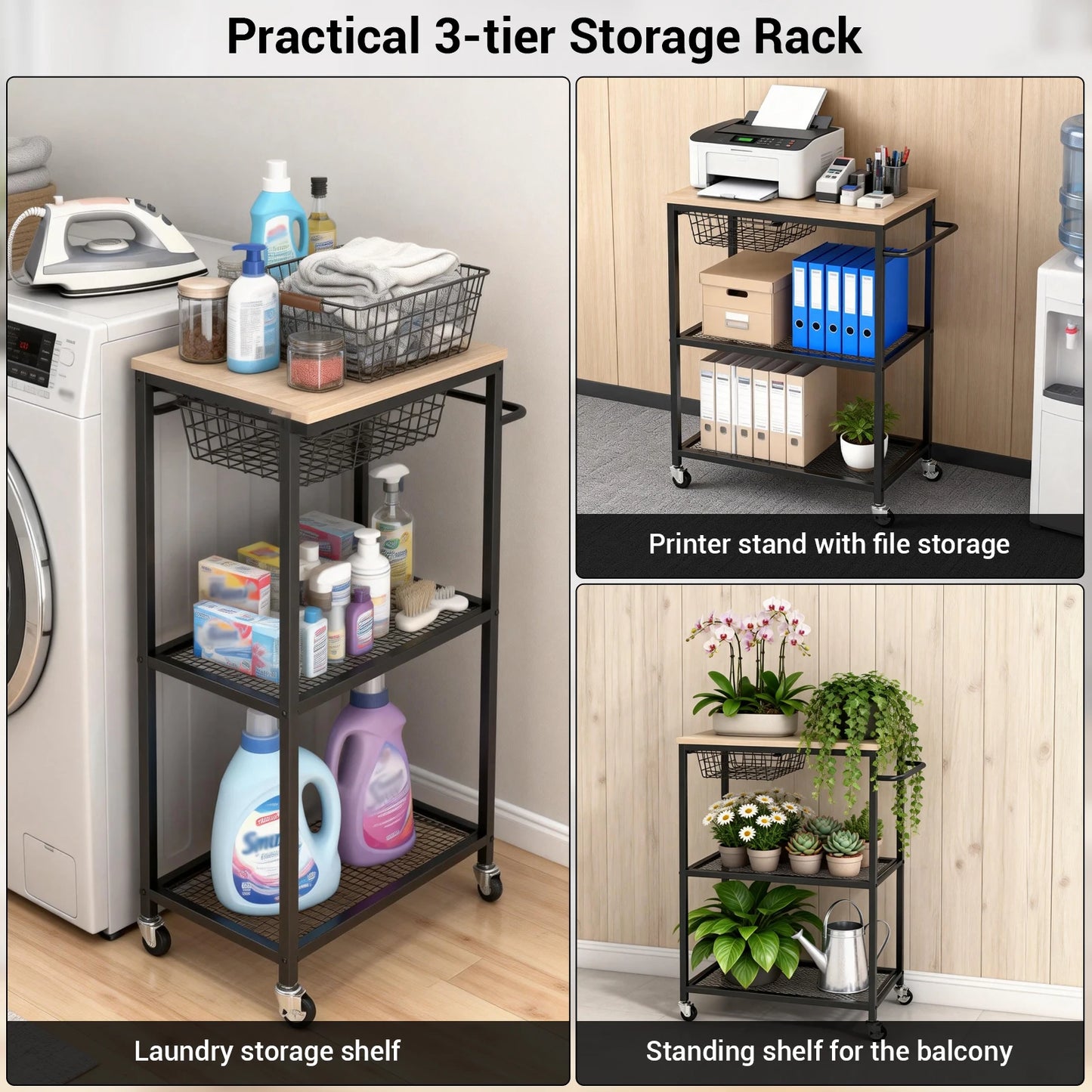 Microwave Kitchen Storage Cart with Push Handle 3 Tier Rolling Cart with 2 Lockable Wheels for Kitchen Island Dining Room