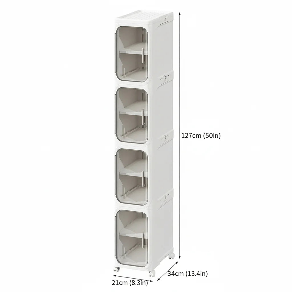 Tall Slim Plastic Storage Cabinet with Wheels, Narrow Stackable Organizer Drawers with Transparent Doors for Kitchen Bathroom Laundry Gap Storage