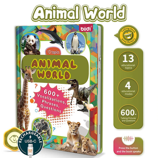 Biidi Animal Talking Book English Interactive Audio Sound Book Kids Learning Electronic Toys for Boys Girls, Autism Sensory Game