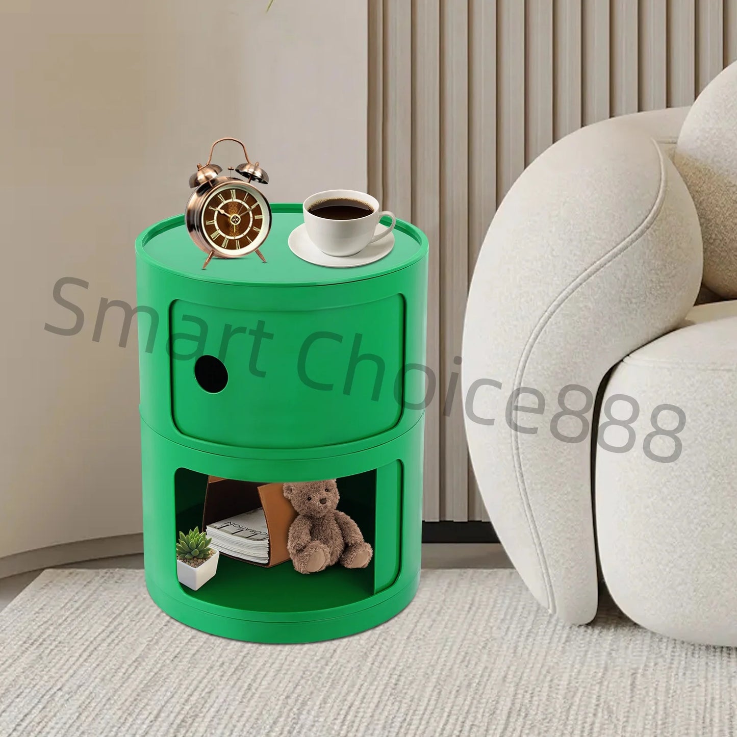 2-Tier Simple Round Nightst Bedside Table Round Large-capacity Storage ABS Green/White for Bathroom Bedroom Office