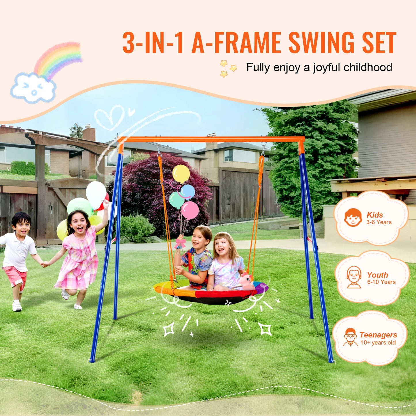 SucceBuy Backyard Swing Set With 600 Lb Capacity Saucer Swing