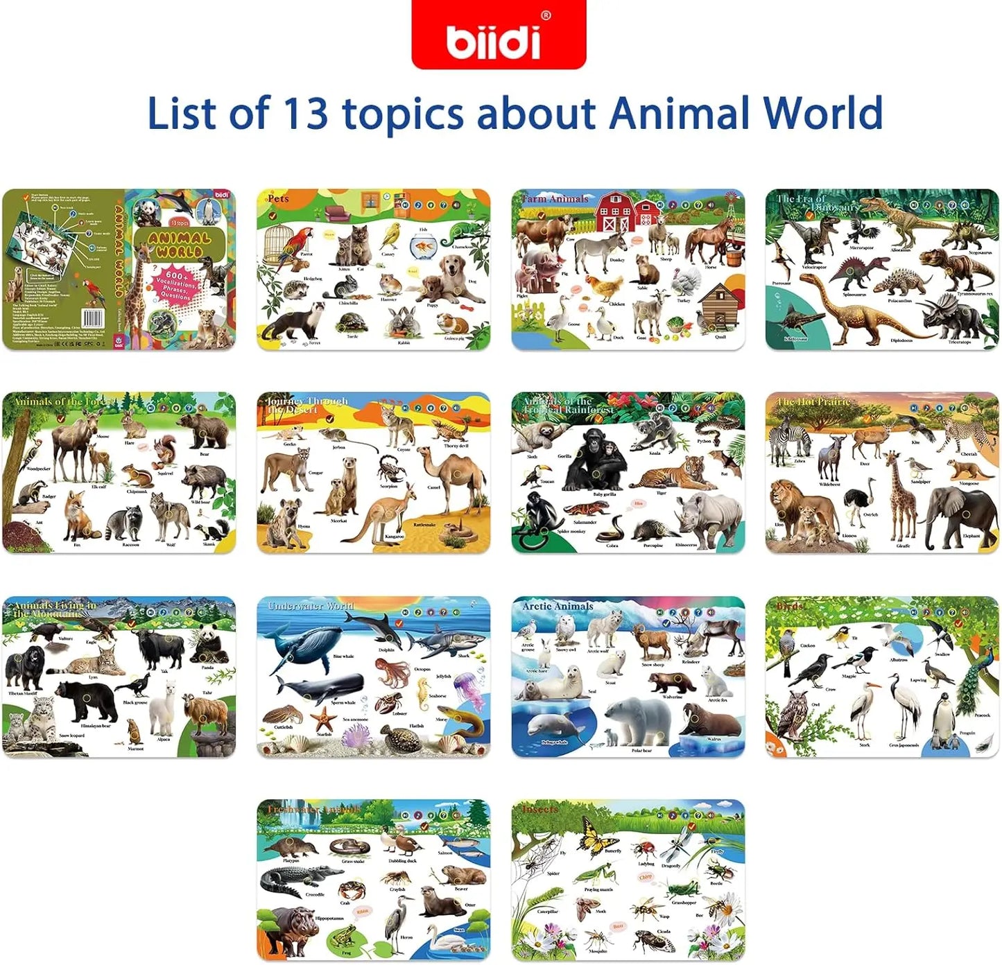 Biidi Animal Talking Book English Interactive Audio Sound Book Kids Learning Electronic Toys for Boys Girls, Autism Sensory Game