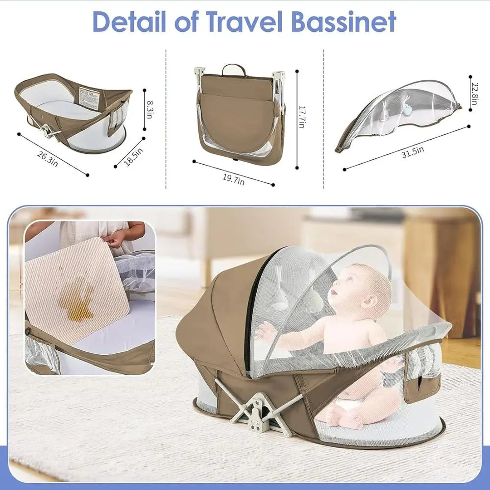 Portable Baby Bassinet For Travel With Mosquito Net And Sunshade Washable