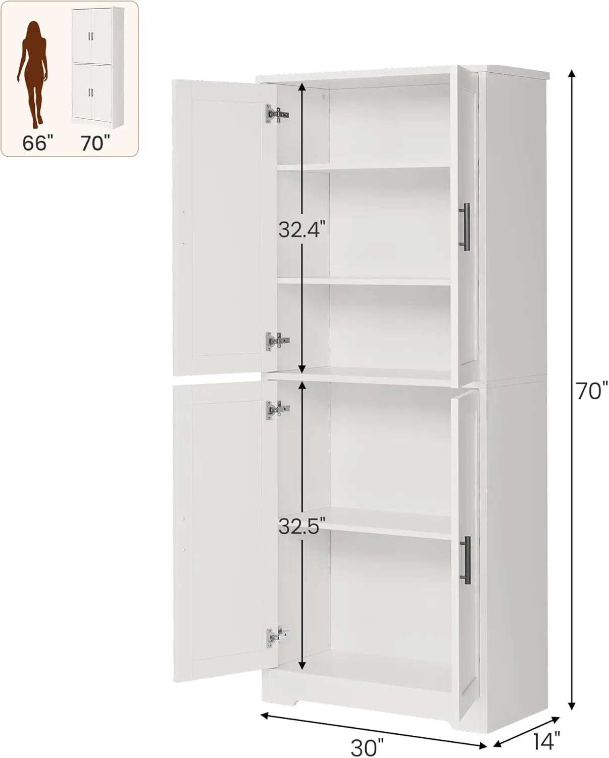 70 Inch Tall Kitchen Pantry Cabinet, Freestanding Storage Cabinet with 4 Doors and Adjustable Shelves, Utility Hutch Cupboard fo