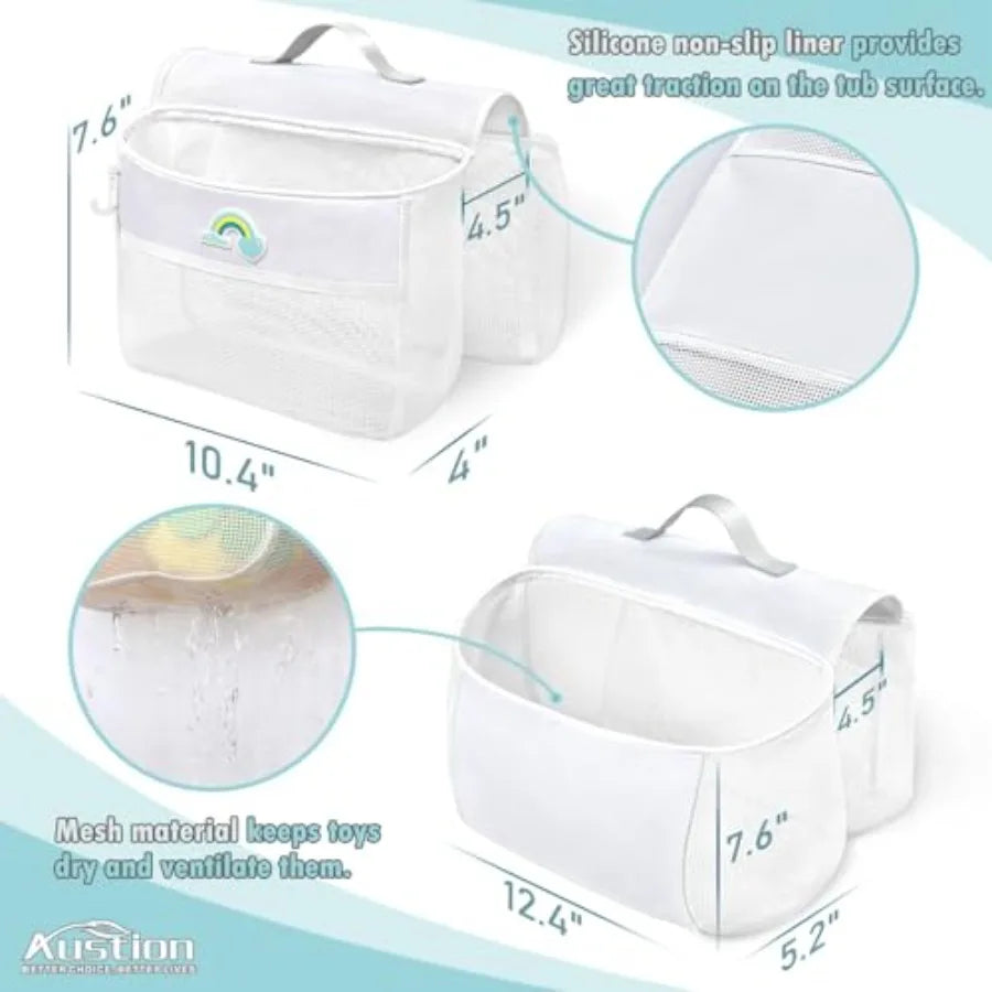 Saddle shape 2 Compartments Bath Toy Organizer, Easy Access for,Wide Opening Bath Toy Holder for Drying Toys and Storage, Mesh