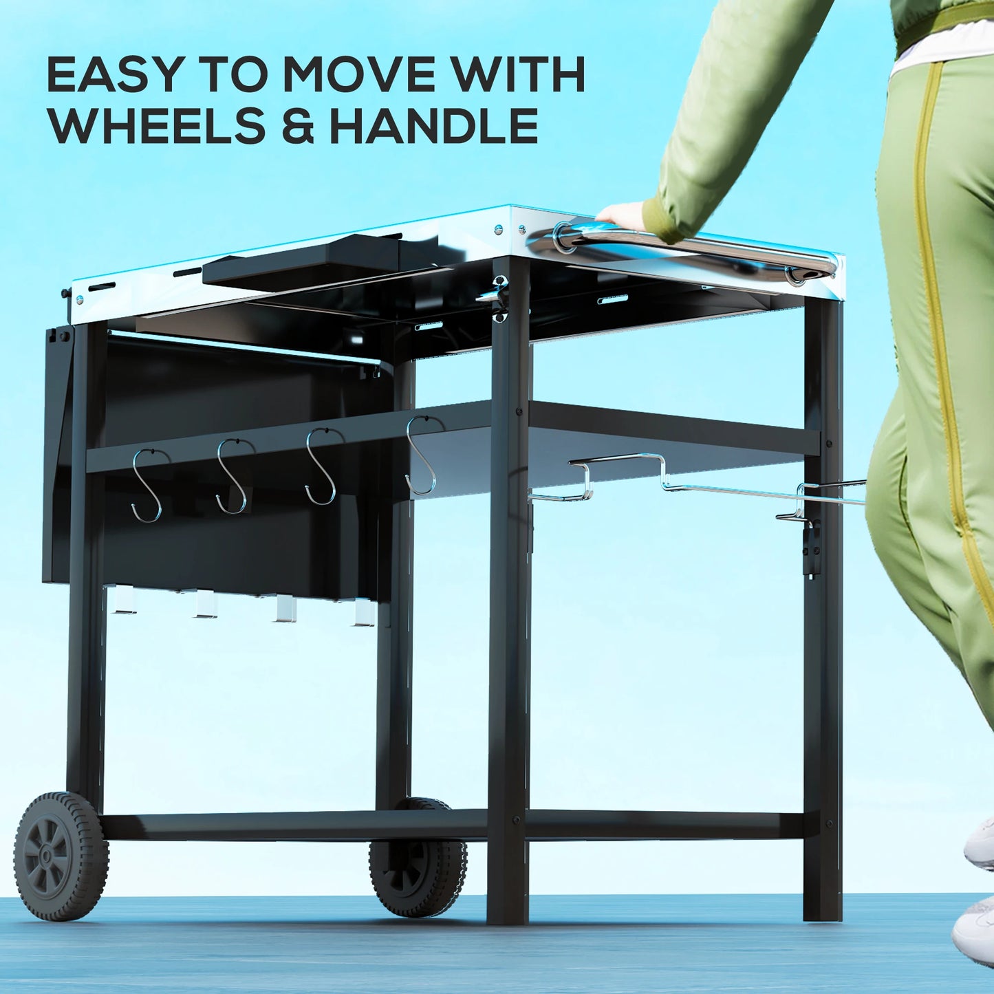 Outdoor Bar Cart Grill Table With Wheels And Prep Storage