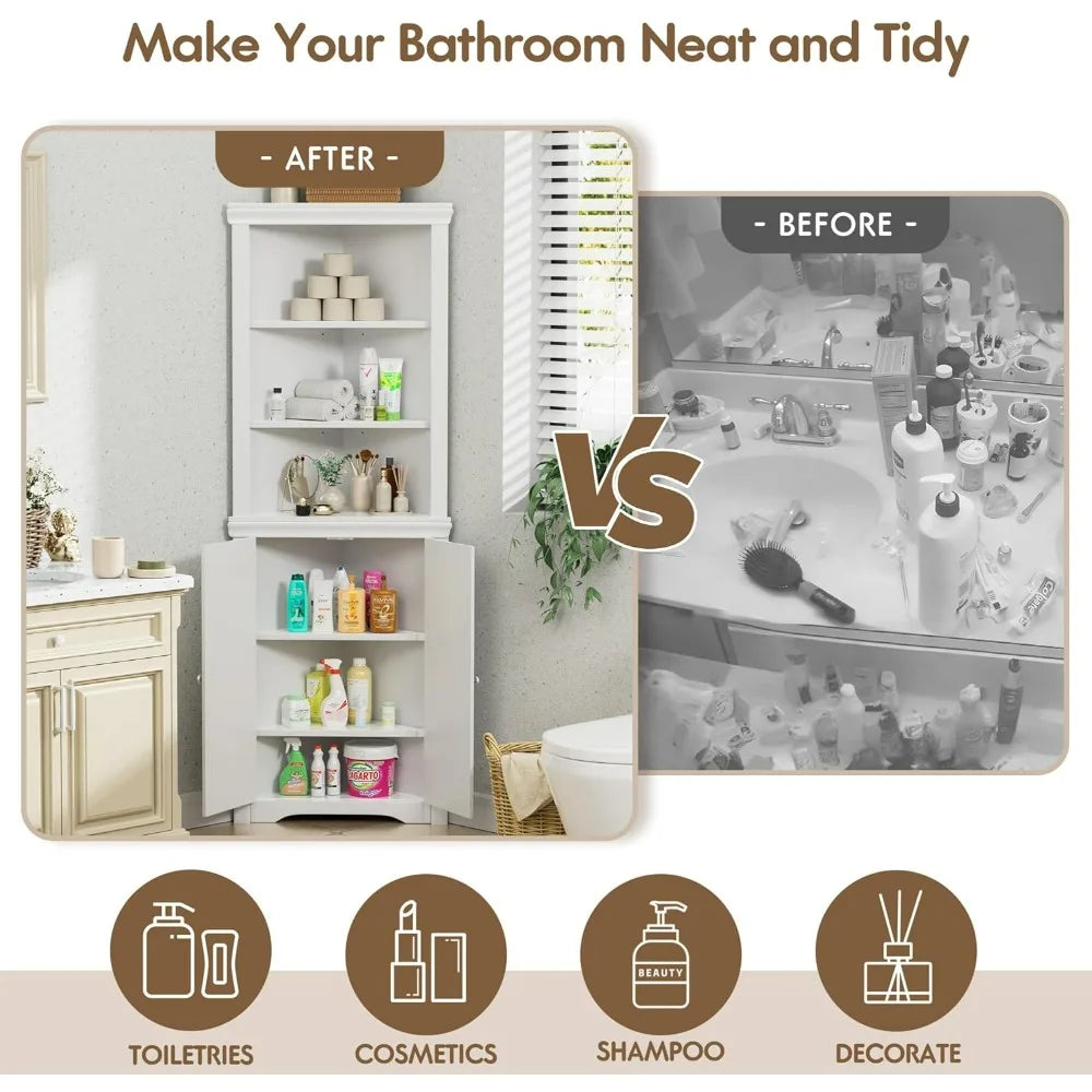 Flamaker Corner Cabinet, Freestanding Corner Shelf with 2 Doors and 3 Shelves, Bathroom Corner Storage Cabinet for Bathroom