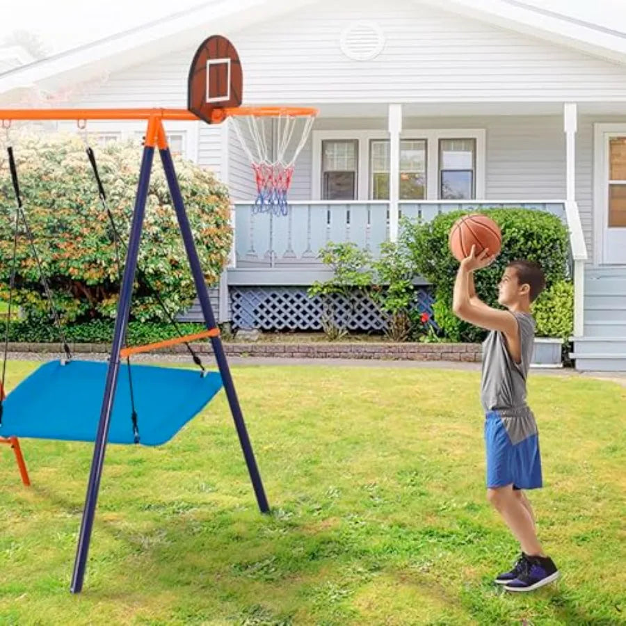 Outdoor Metal Swing Set For Kids, Heavy-Duty Steel Frame 660Lb