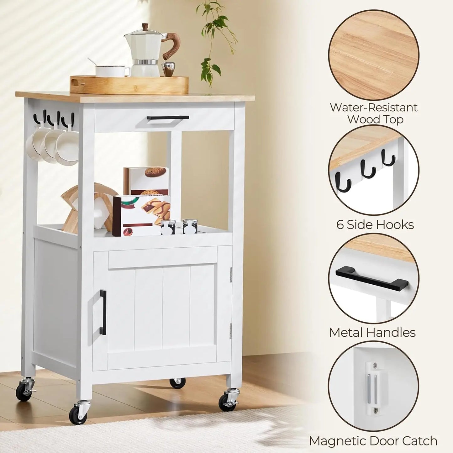 Rolling Kitchen Island Cart with Storage, 6 Hooks, Wood Top, White