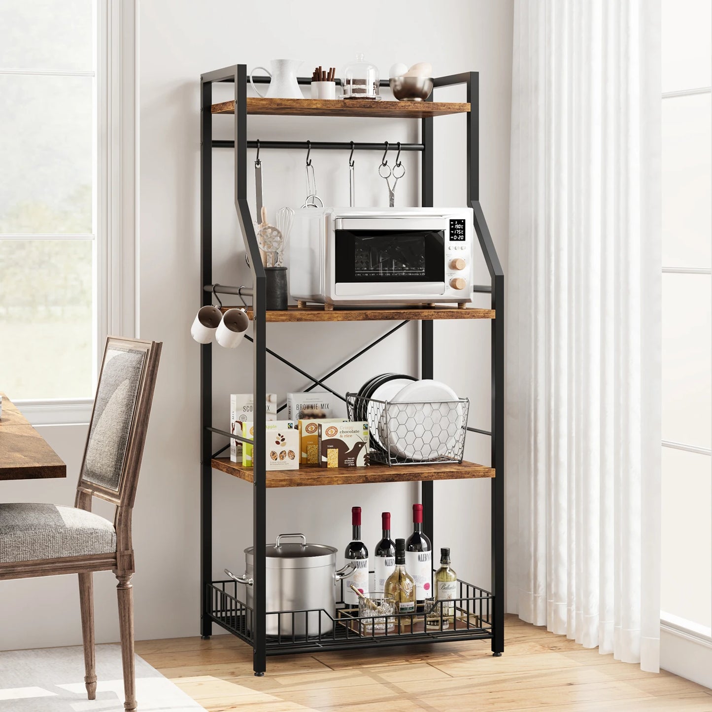 Kitchen Bakers Rack, Microwave Oven Stand with Large Wire Basket, 4-Tier Kitchen Utility Storage Shelf Coffee Bar Station