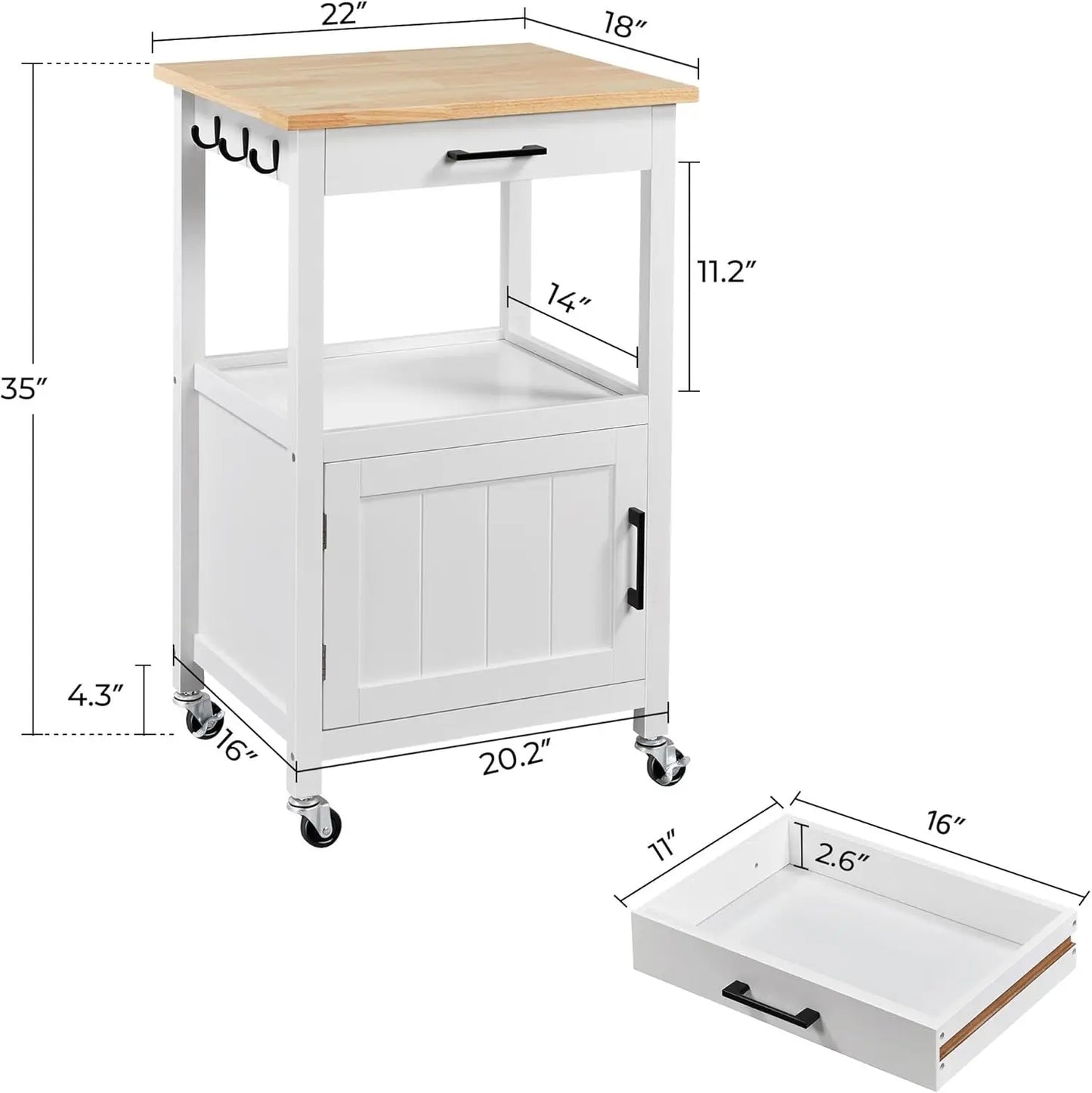 Rolling Kitchen Island Cart with Storage, 6 Hooks, Wood Top, White