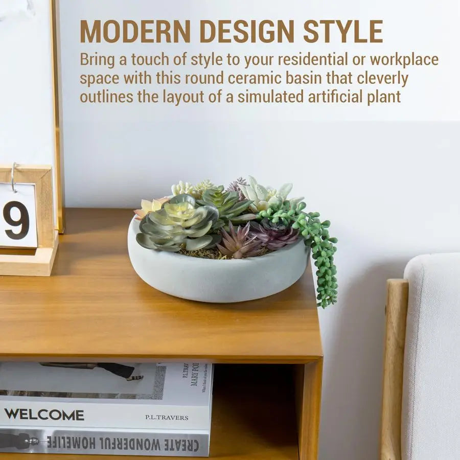 8 Inch Round Modern Artificial Succulent Arrangement Potted in Gray Concrete Plant Bowl, Assorted Faux Mini Succulents in a Deco