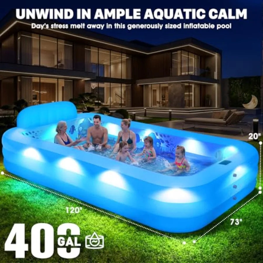 Backyard Inflatable Pool With Solar Powered Lights And Seat