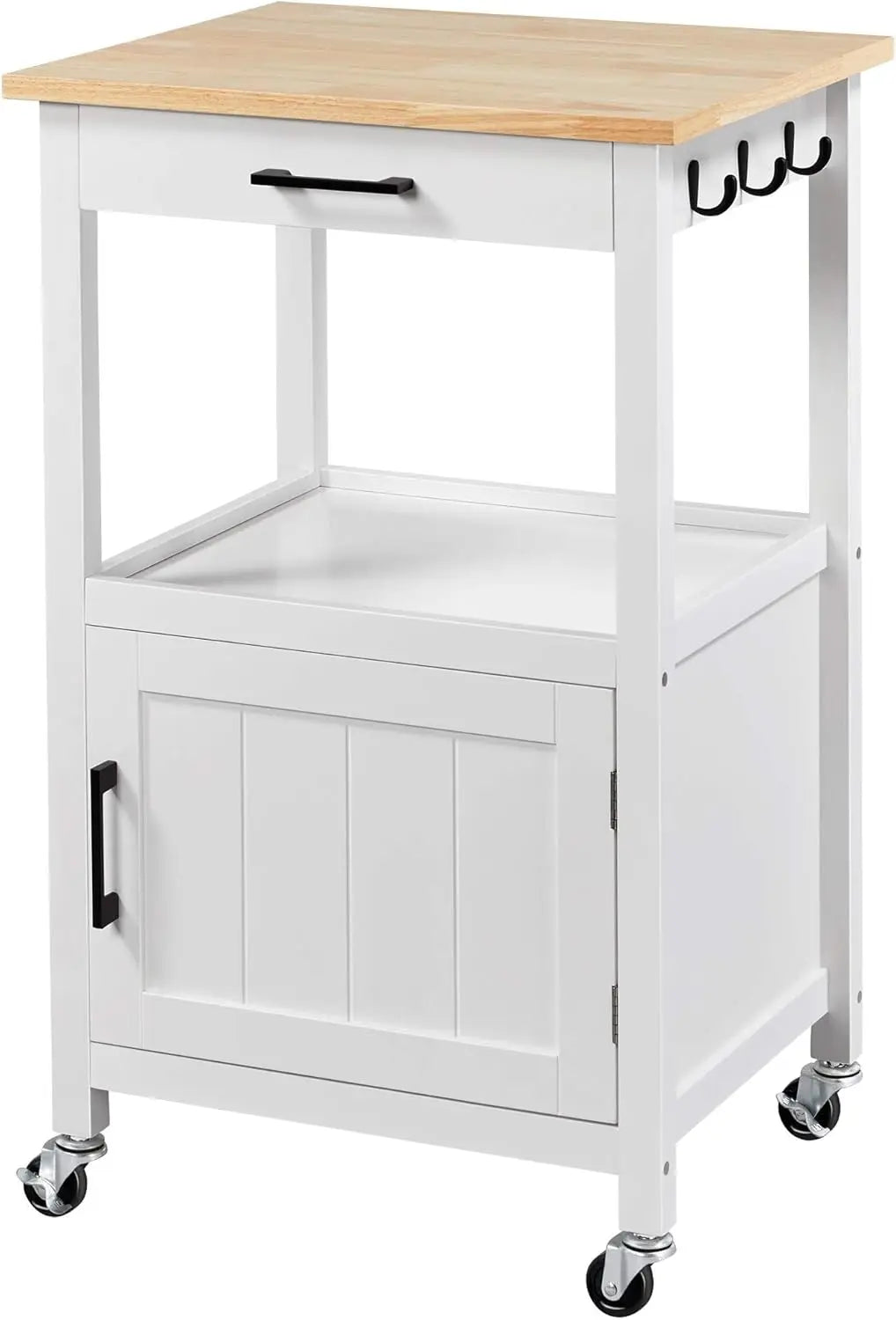 Rolling Kitchen Island Cart with Storage, 6 Hooks, Wood Top, White