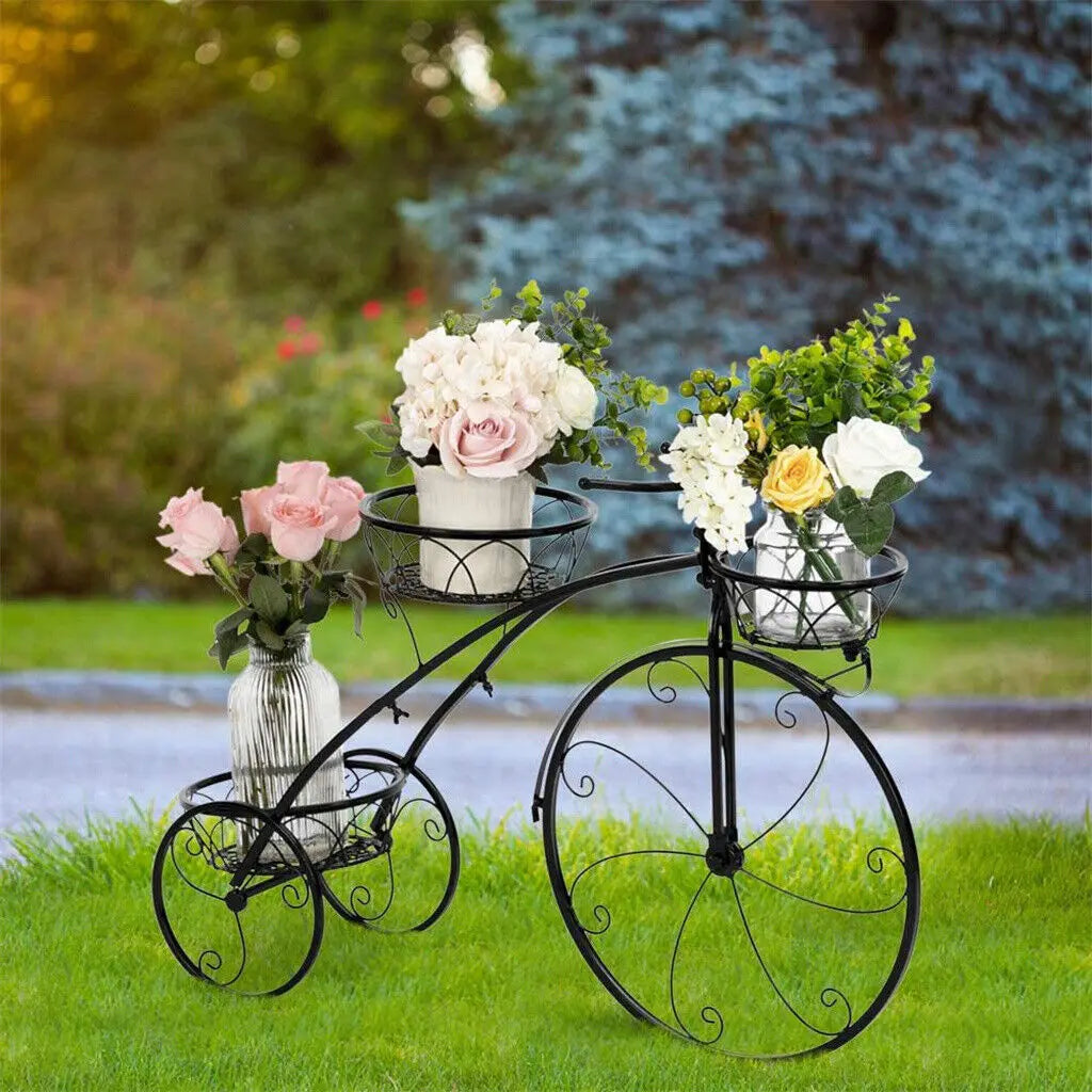 Indoor Outdoor 3 Tiers Iron Garden Flower Stand Bicycle Shape Plant Rack Shelf