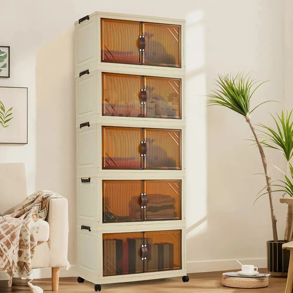 3/4/5-Tier Foldable Storage Cabinet with Lids & Wheels, Stackable Plastic Organizer for Closet, Bedroom, Office & Kitchen