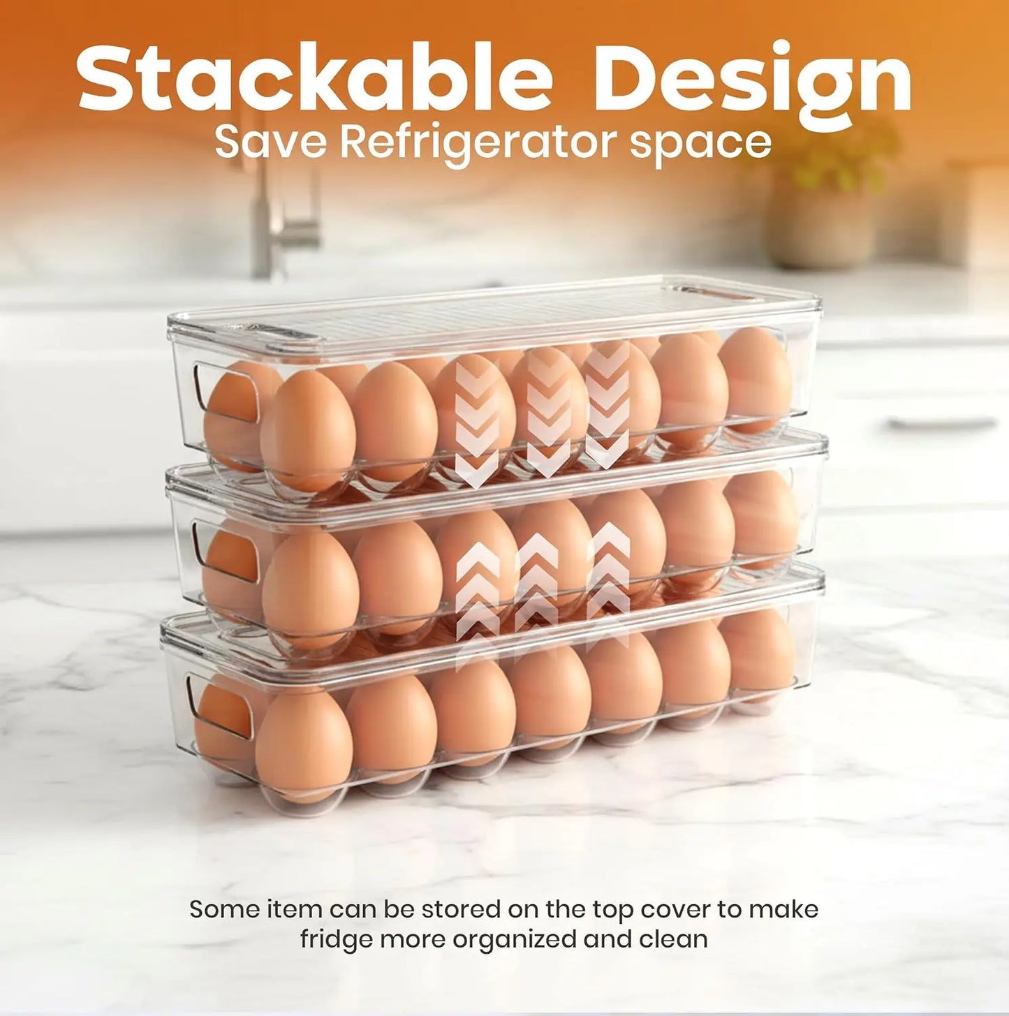 Egg Container With Lid and Handle for Refrigerator Organization- Pack of 2 - Clear Stackable Egg Holder for Kitchen or Pantry Or