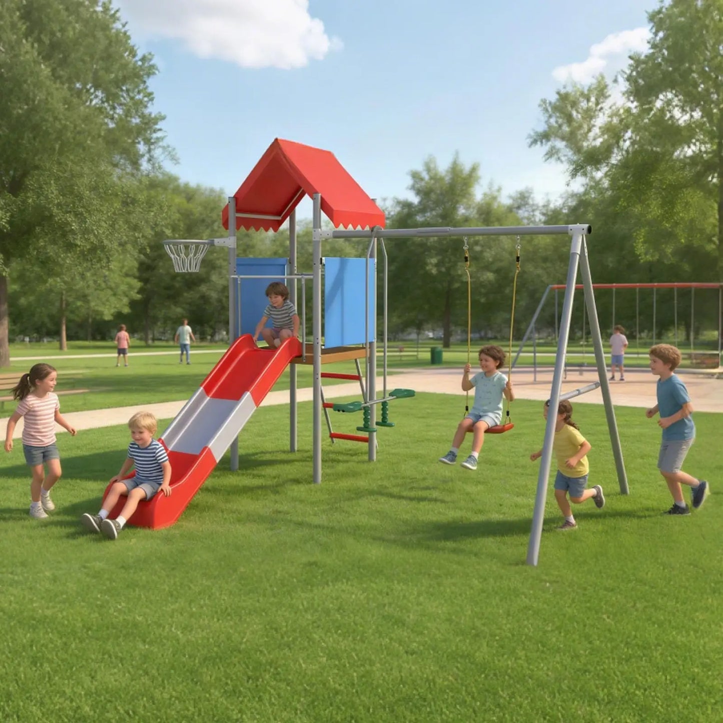 Kids Outdoor Playset Heavy Duty Metal Swing Set With Slide Basketball Hoop Treehouse Backyard Playground Equipment For Children