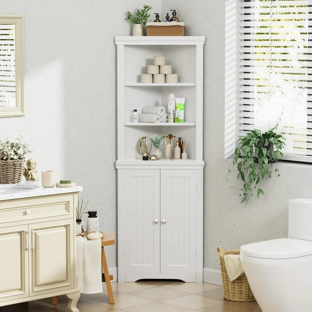 Flamaker Corner Cabinet, Freestanding Corner Shelf with 2 Doors and 3 Shelves, Bathroom Corner Storage Cabinet for Bathroom